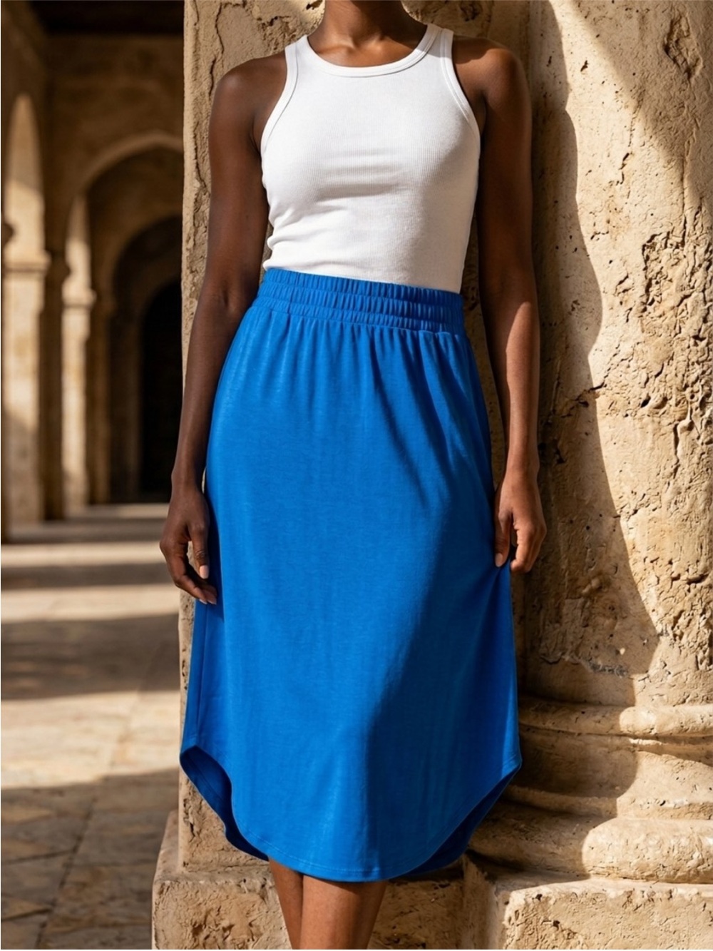 Bright Blue High-Low Midi Skirt with Elastic Waist